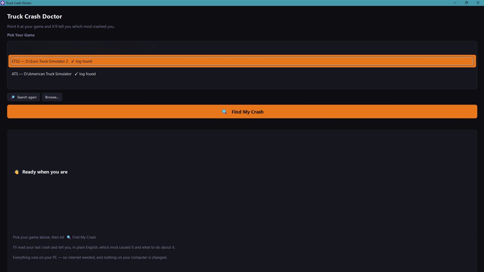 Truck Crash Doctor ready screen showing ETS2 and ATS both detected with logs found